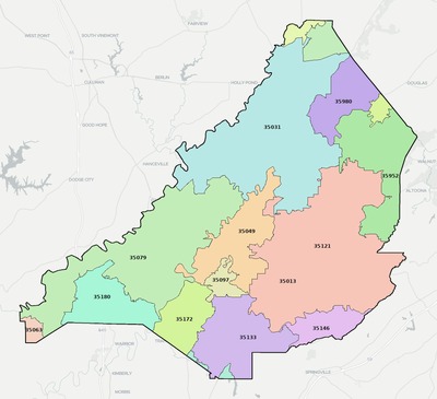 Blount County AL ZIP code boundaries map