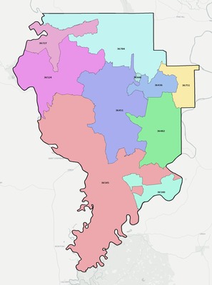 Clarke County AL ZIP code boundaries map