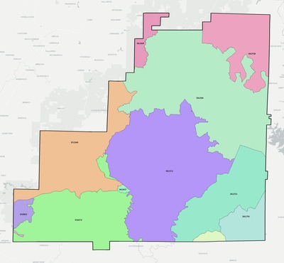 Clay County AL ZIP code boundaries map