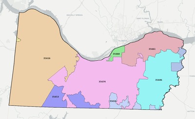 Colbert County AL ZIP code boundaries map