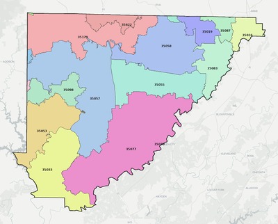 Cullman County AL ZIP code boundaries map