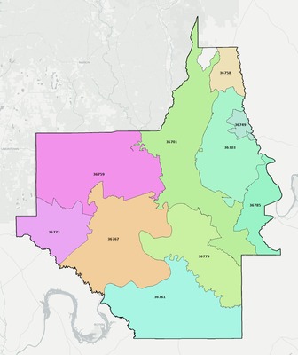 Dallas County AL ZIP code boundaries map