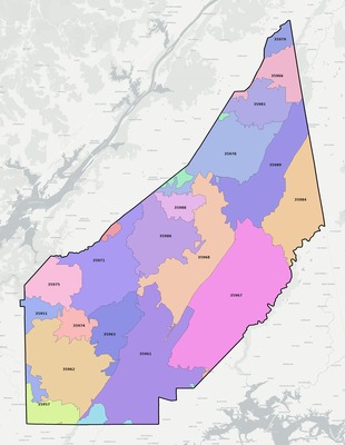 DeKalb County AL ZIP code boundaries map