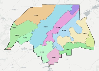 Etowah County AL ZIP code boundaries map
