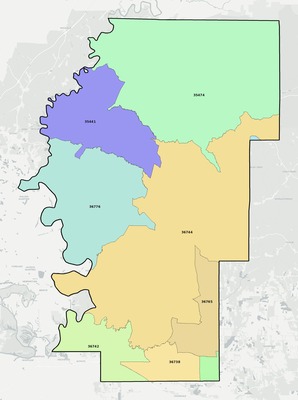 Hale County AL ZIP code boundaries map