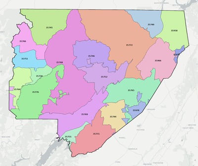 Jackson County AL ZIP code boundaries map