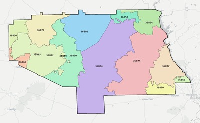 Lee County AL ZIP code boundaries map