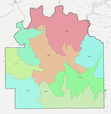 Lowndes County AL ZIP code boundaries map