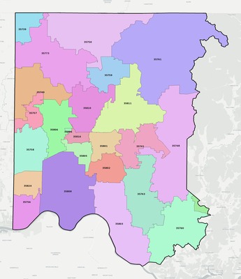 Madison County AL ZIP code boundaries map