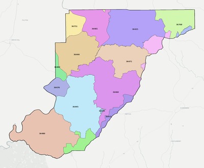 Monroe County AL ZIP code boundaries map