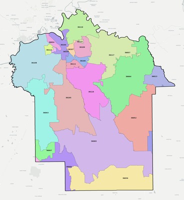 Montgomery County AL ZIP code boundaries map