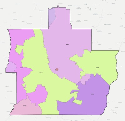 Pike County AL ZIP code boundaries map