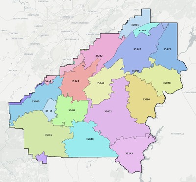 Shelby County AL ZIP code boundaries map