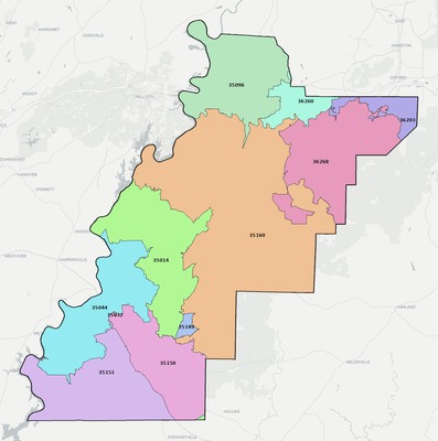 Talladega County AL ZIP code boundaries map