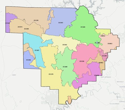 Walker County AL ZIP code boundaries map