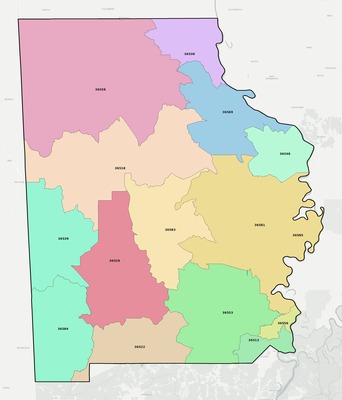 Washington County AL ZIP code boundaries map