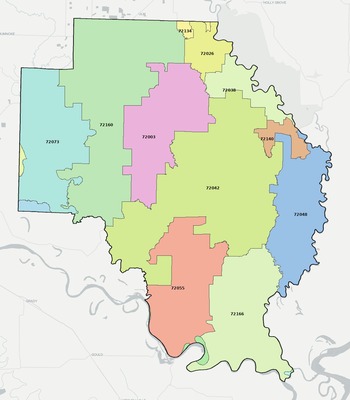 Arkansas County AR ZIP code boundaries map