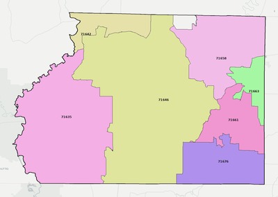 Ashley County AR ZIP code boundaries map