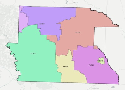 Dallas County AR ZIP code boundaries map