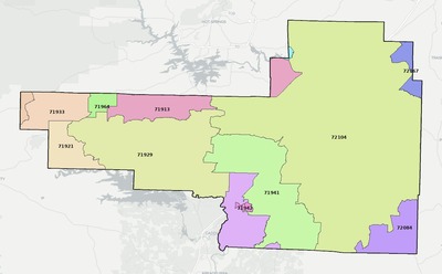 Hot Spring County AR ZIP code boundaries map