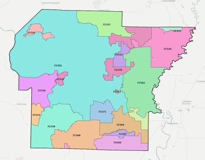 Independence County AR ZIP code boundaries map
