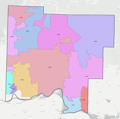 Johnson County AR ZIP code boundaries map