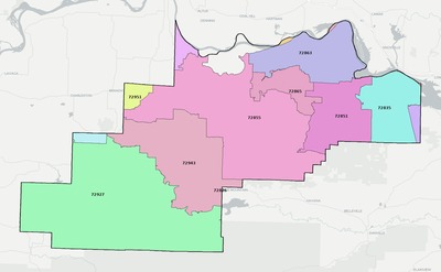 Logan County AR ZIP code boundaries map