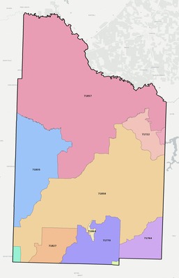 Nevada County AR ZIP code boundaries map