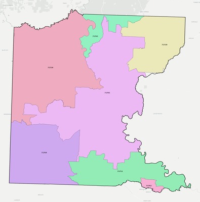 Ouachita County AR ZIP code boundaries map