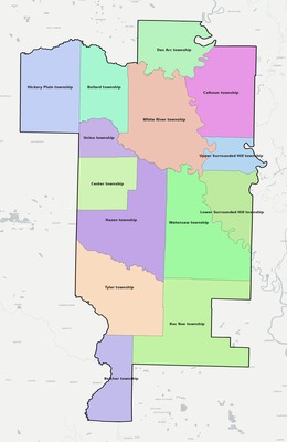 Prairie County AR townships and subdivisions map