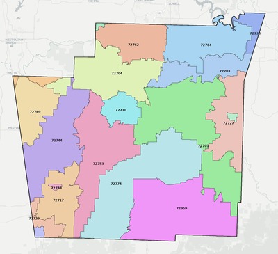 Washington County AR ZIP code boundaries map