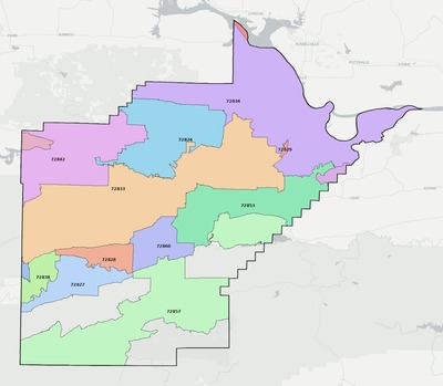 Yell County AR ZIP code boundaries map