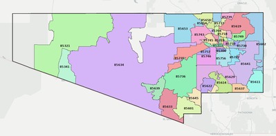 Pima County AZ ZIP code boundaries map