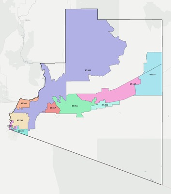 Yuma County AZ ZIP code boundaries map