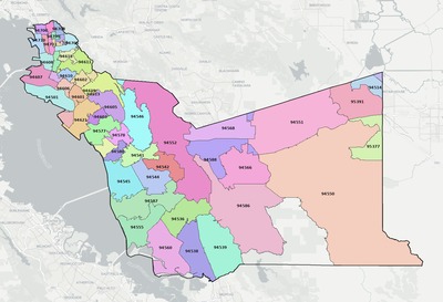 Alameda County CA ZIP code boundaries map