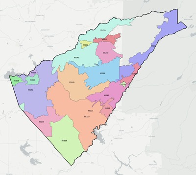 Calaveras County CA ZIP code boundaries map