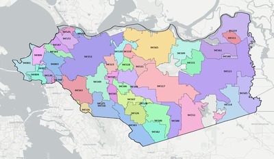 Contra Costa County CA ZIP code boundaries map