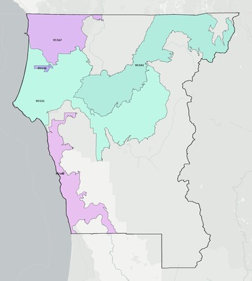 Del Norte County CA ZIP code boundaries map