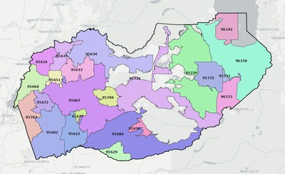 El Dorado County CA ZIP code boundaries map