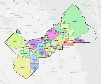 Fresno County CA ZIP code boundaries map