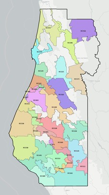 Humboldt County CA ZIP code boundaries map