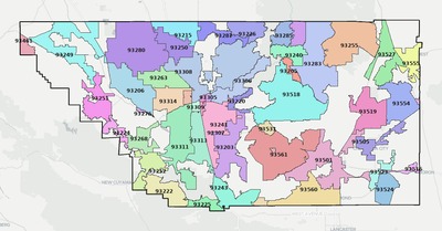 Kern County CA ZIP code boundaries map