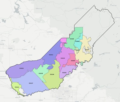 Madera County CA ZIP code boundaries map
