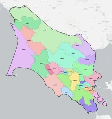 Marin County CA ZIP code boundaries map