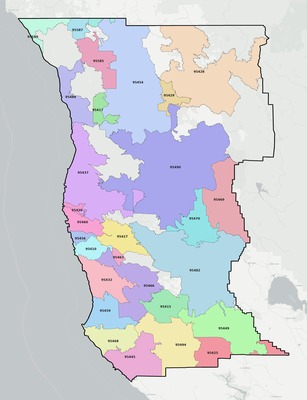 Mendocino County CA ZIP code boundaries map