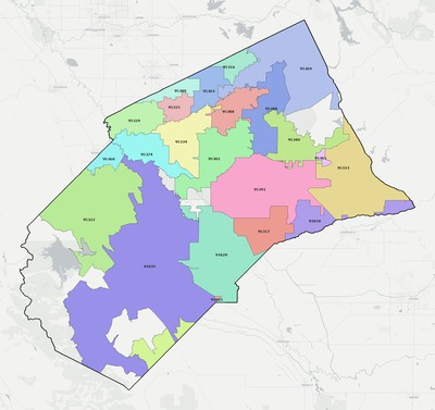 Merced County CA ZIP code boundaries map