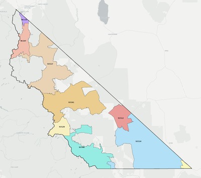 Mono County CA ZIP code boundaries map