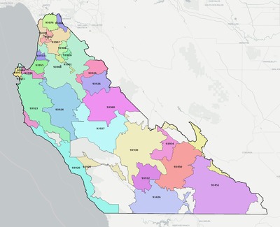 Monterey County CA ZIP code boundaries map