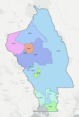 Napa County CA ZIP code boundaries map