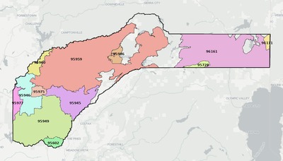 Nevada County CA ZIP code boundaries map
